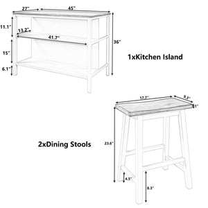 Rustic 3 Piece Stationary Kitchen Island Set With 2 Seatings, With 2 Open Shelves