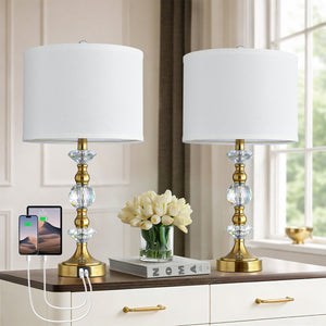 Crystal Table Lamp with 3-Way Dimmable Light and USB Type-C Ports, Set of 2, Antique Bronze