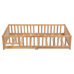 Solid Wood Floor Bed With Door And Fence For Children