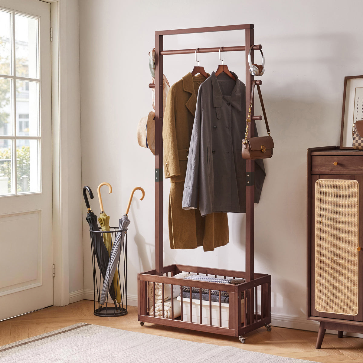 Solid Wood Freestanding Coat Rack with Rolling Wheels & Storage Basket