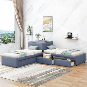 L Shaped Upholstered Platform Bed With Trundle And 2 Drawers Linked With Built In Desk