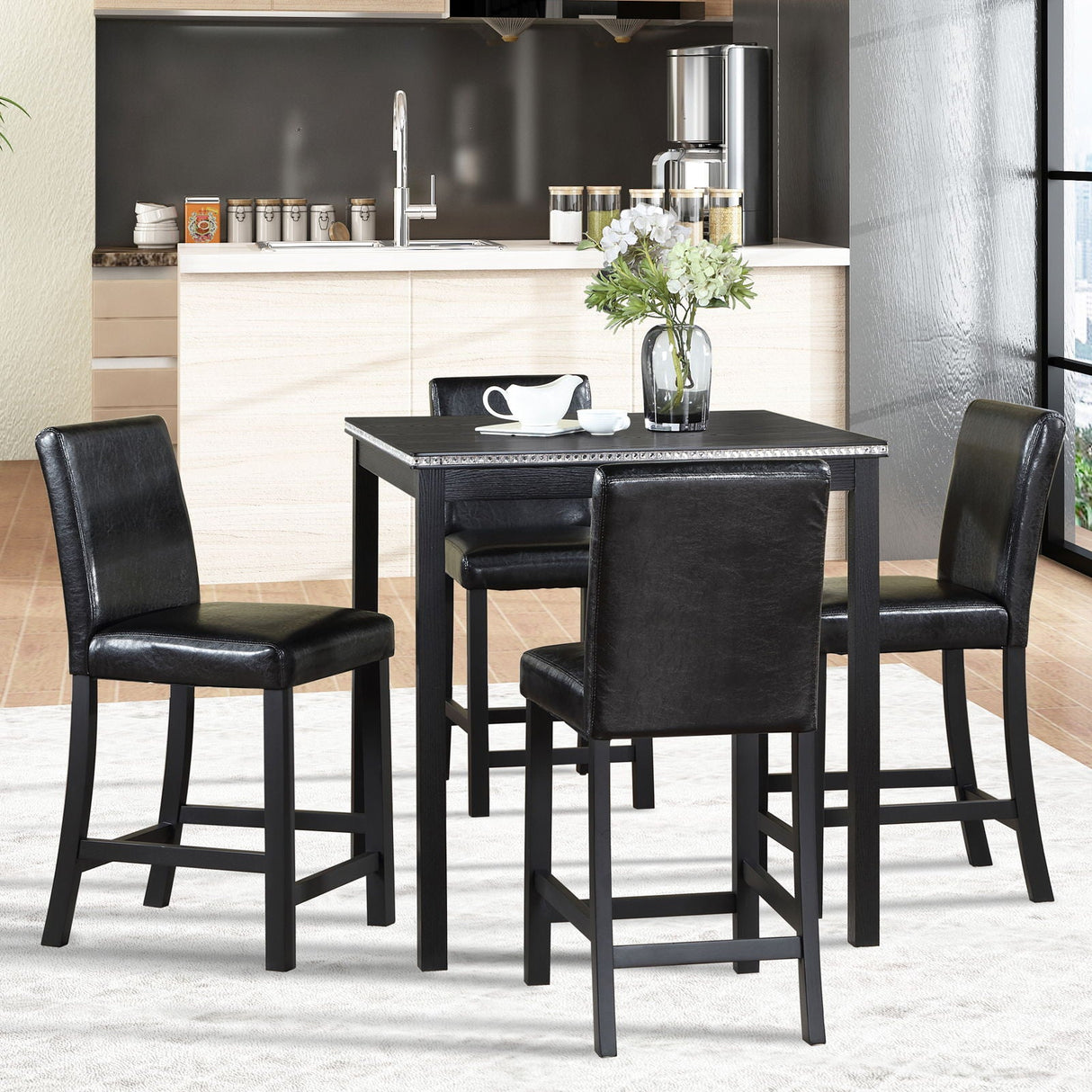 5 Pieces Counter Height Table Set, Kitchen Table With Square Table And 4 Upholstered Chairs