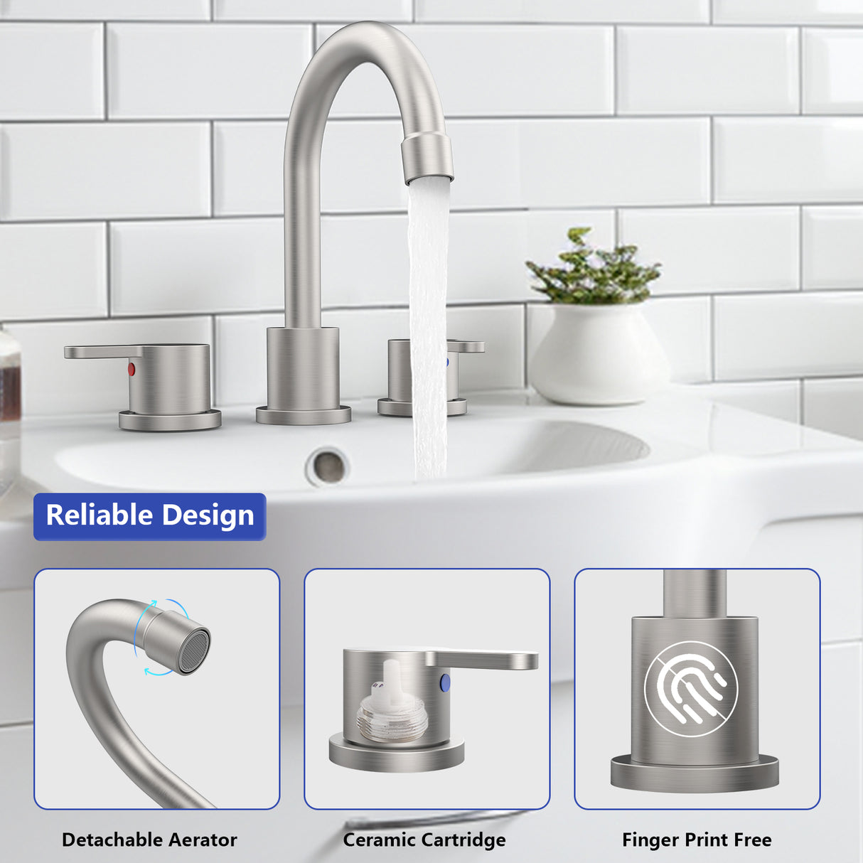 Widespread Bathroom Sink Faucet Brushed Nickel 2-Handle 8 Inch 3-Hole