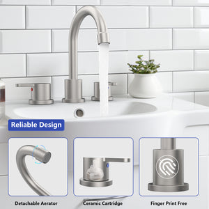 Widespread Bathroom Sink Faucet Brushed Nickel 2-Handle 8 Inch 3-Hole