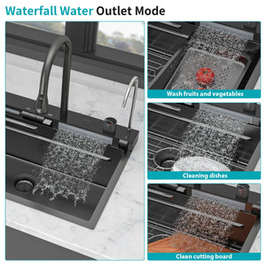 30" Whale Digital Waterfall Sink With LED Display, 16 Gauge Single Bowl Ledge Workstation - Gunmetal Black