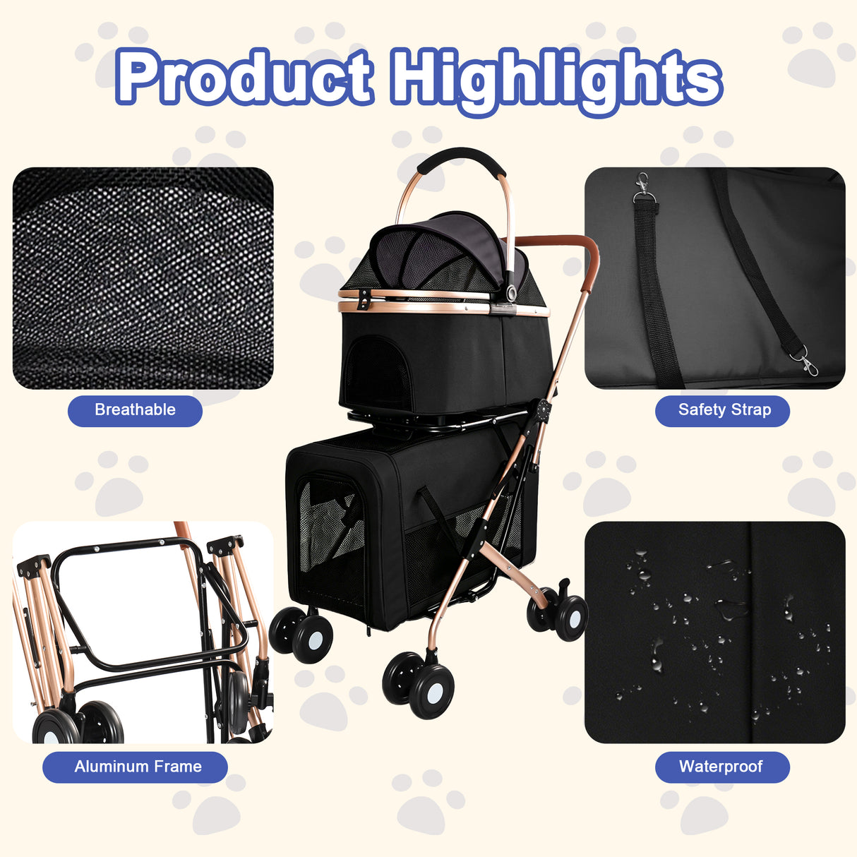 Double Pet Stroller for Small and Medium Dogs and Cats