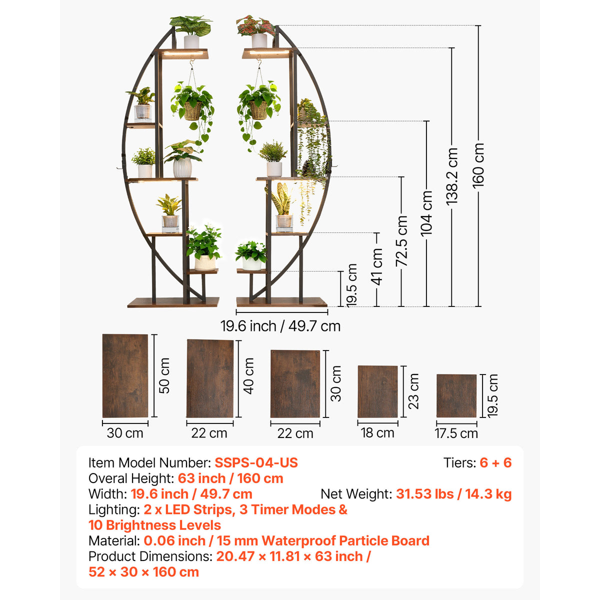 63-Inch Tall 6-Tier Indoor Plant Stand with Grow Lights (2-Pack)