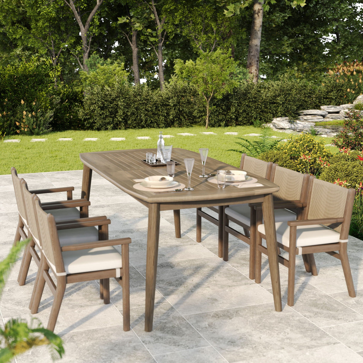 Acacia Wood Dining Table 8 Person Outdoor Table, Farmhouse Furniture For Patio, Garden, Backyard - Light Brown - Best Buy Furniture