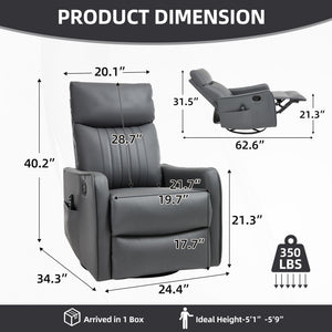 Grey Faux Leather Heat Massage Manual Recliner Chair with Rocker and Swivel
