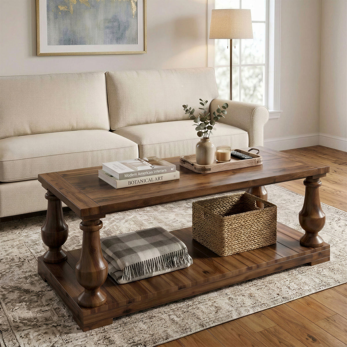 Farmhouse Coffee Table with Storage Shelf, Solid Pine Wood Turned Legs, Walnut