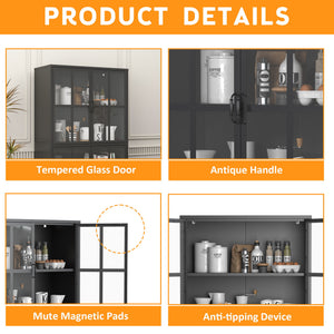 Premium Metal Storage Cabinet With Tempered Glass Doors, Adjustable Shelves, And Anti Tipping Device - Black