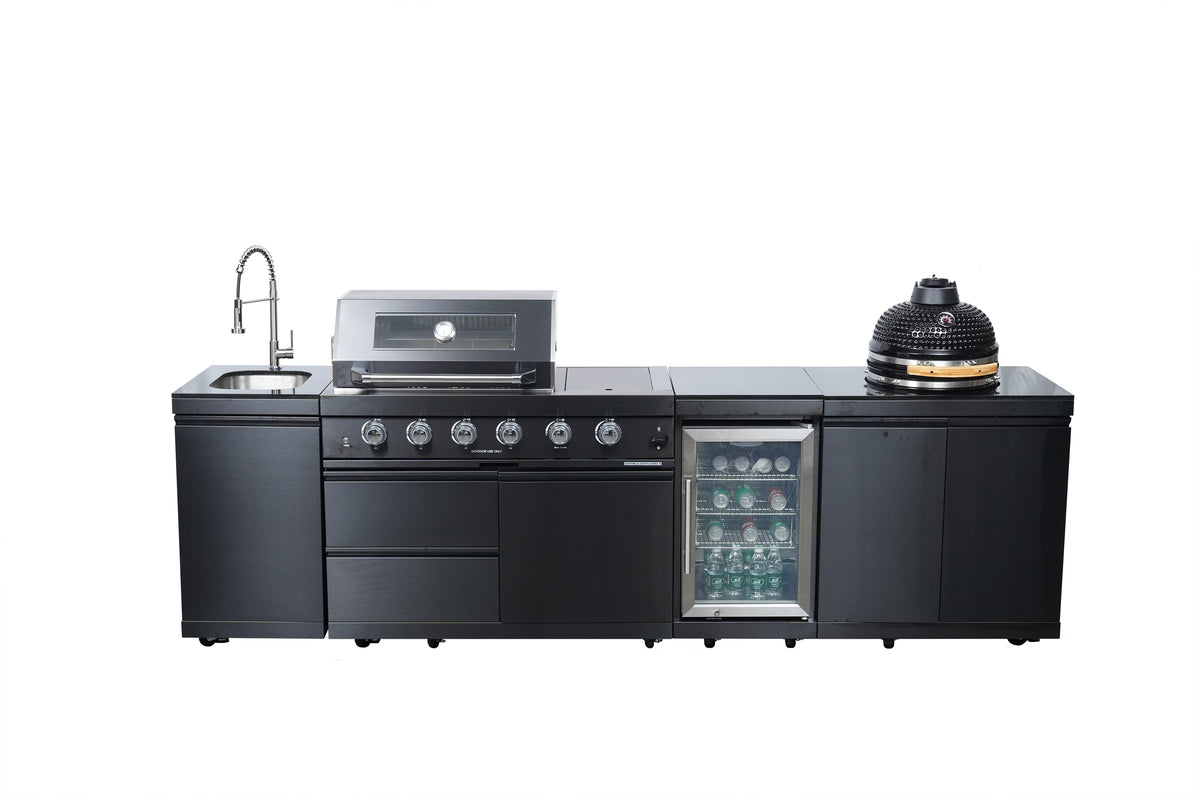 Black 118-Inch Outdoor Kitchen BBQ Island with Kamado and Stainless Steel Construction