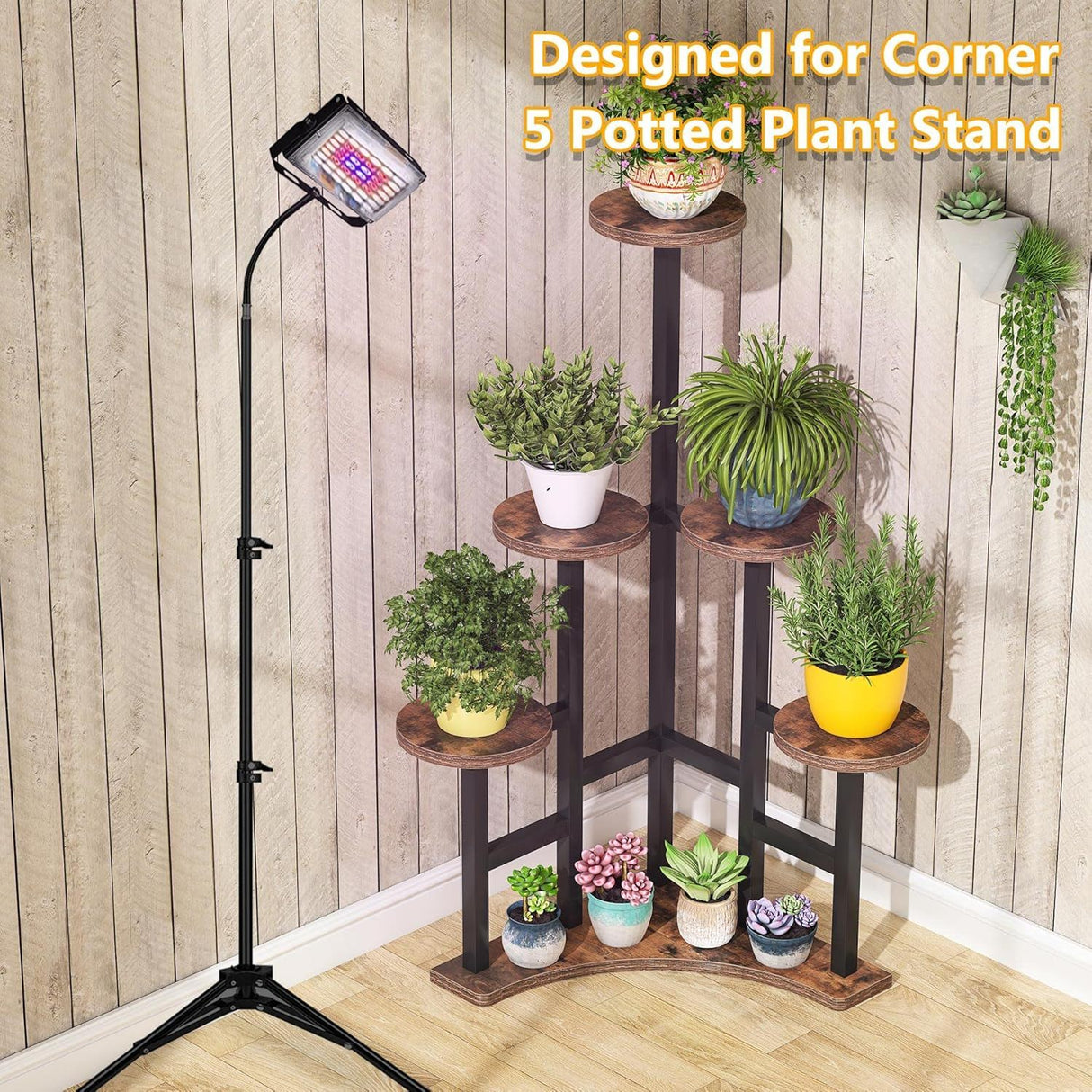 6 Tier Corner Plant Shelf With Frame For Living Room - Rustic Brown