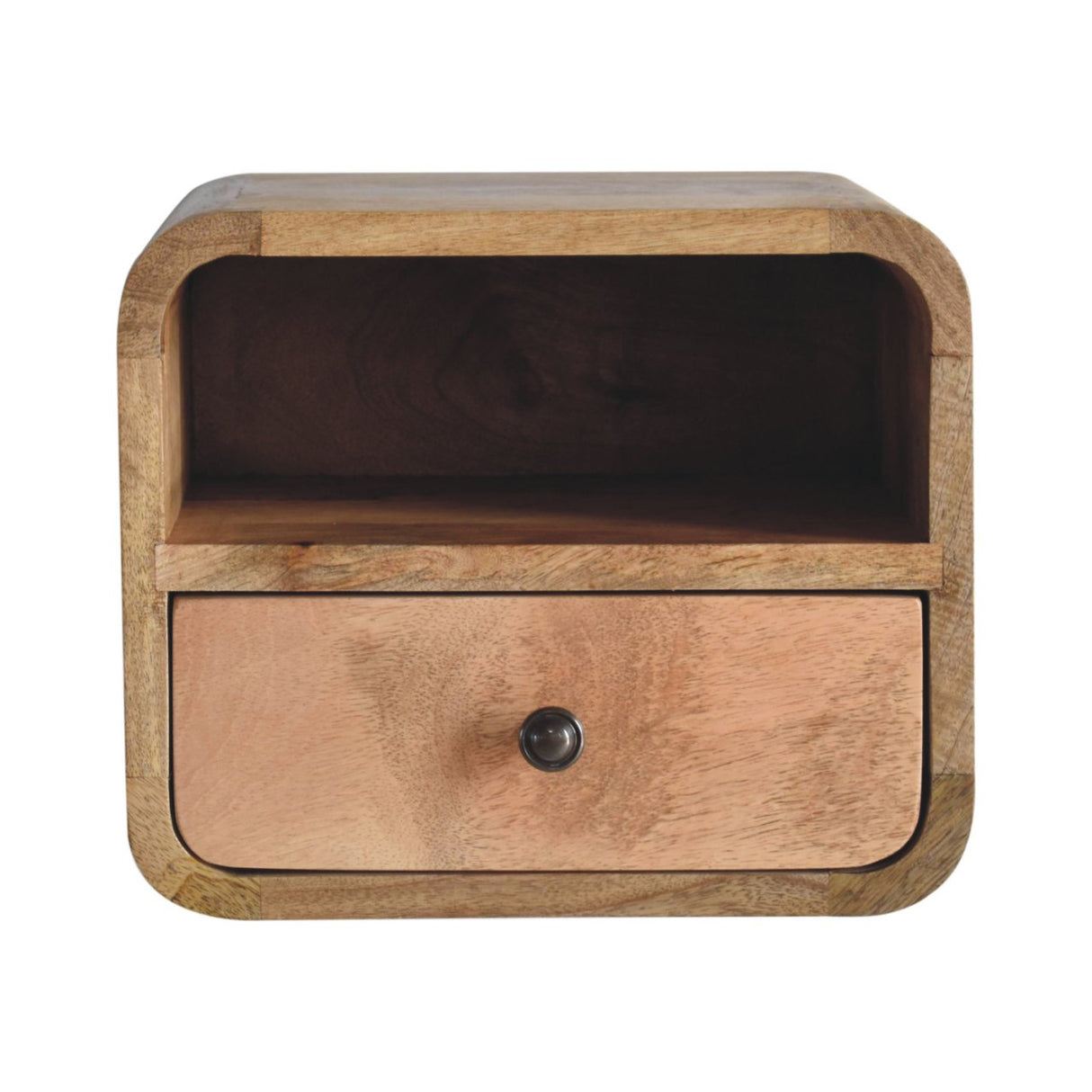 Extra Mini Wall-Mounted Curved Oak-ish Nightstand with Open Slot, 1-Drawer