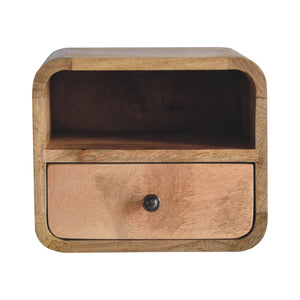 Extra Mini Wall-Mounted Curved Oak-ish Nightstand with Open Slot, 1-Drawer