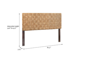 King Size Woven Rattan Adjustable-Height Headboard with Solid Mahogany Frame