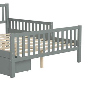 Platform Bed With Guardrails On Both Sides And 2 Storage Drawers