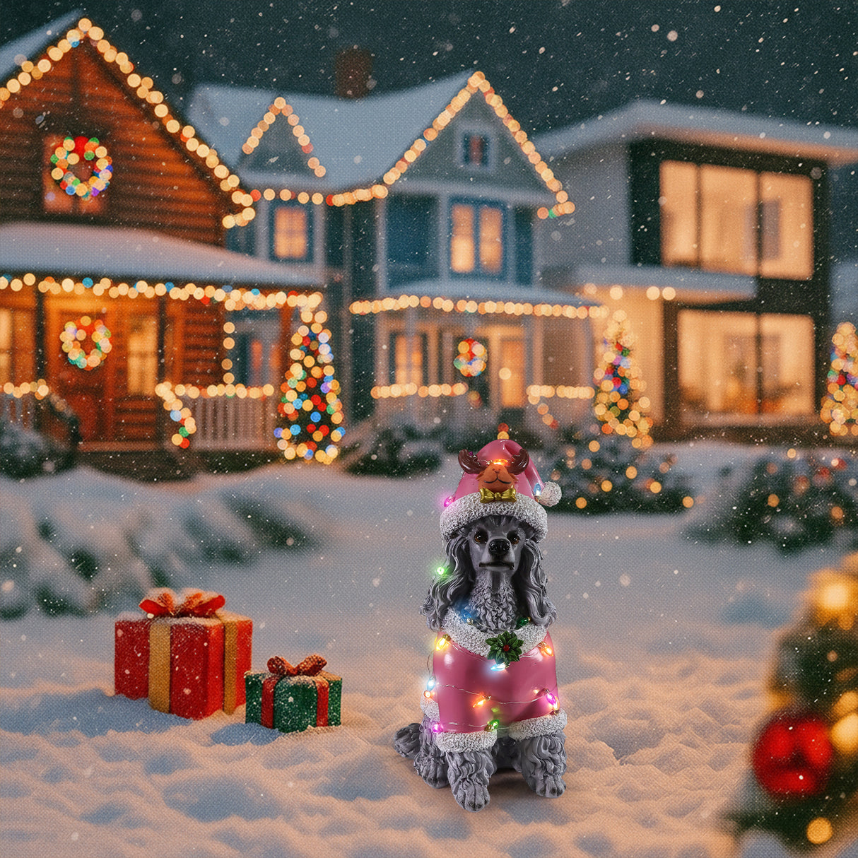 Christmas Poodle Statue, Holiday Dog Figurine
