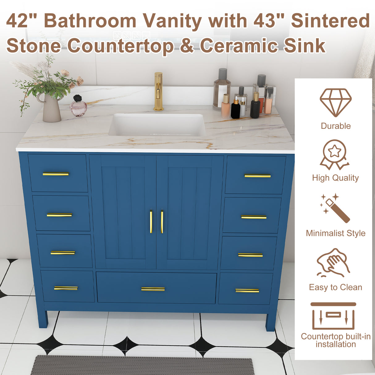 42" Modern Solid Wood Bathroom Vanity with Sink, 43" Carrara