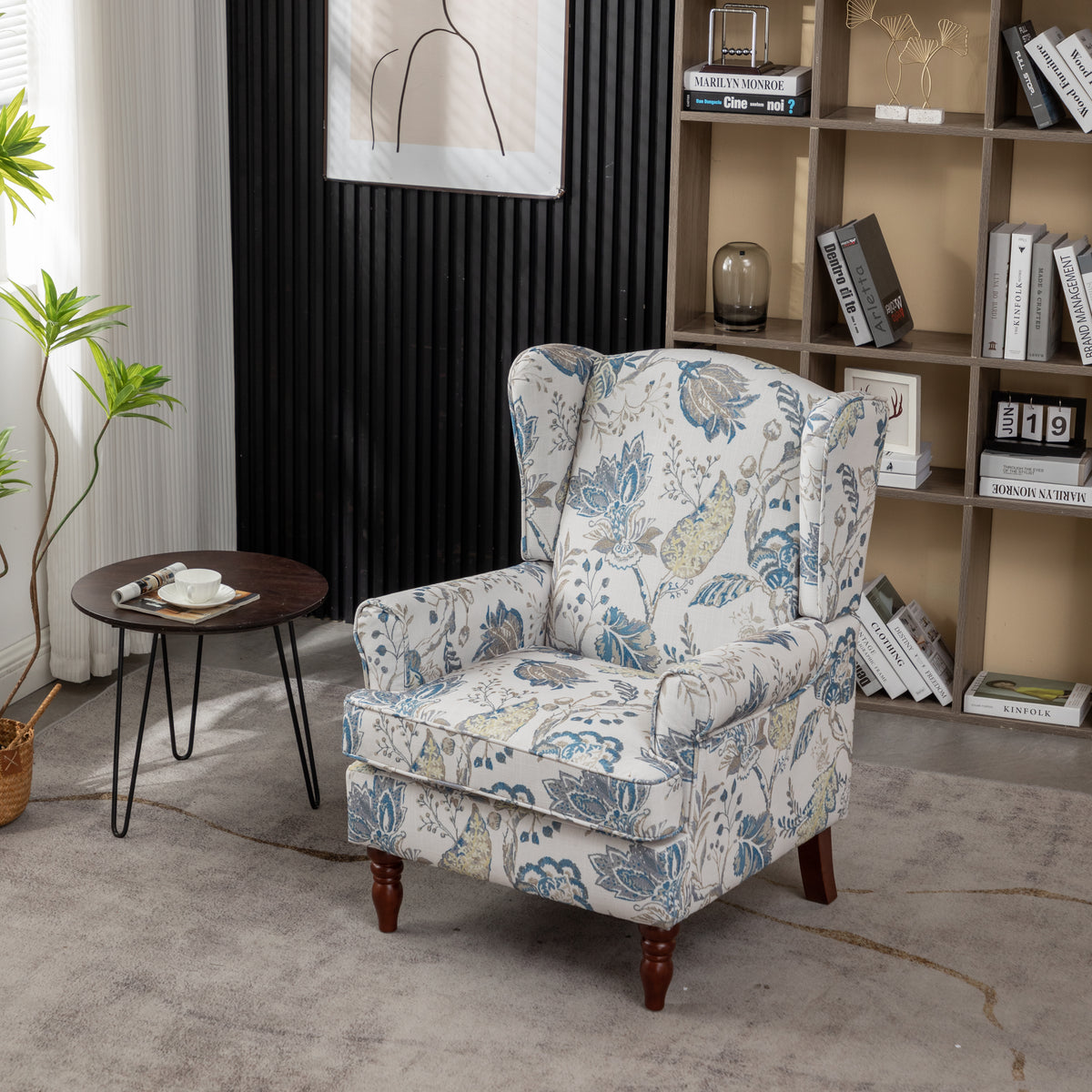 Modern Accent Chair with Retro Wood Legs, Floral Design, Antique Blue Linen