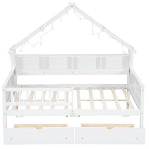 House Style Platform Bed With LED Lights, Storage Shelves, Drawers, And Guardrail