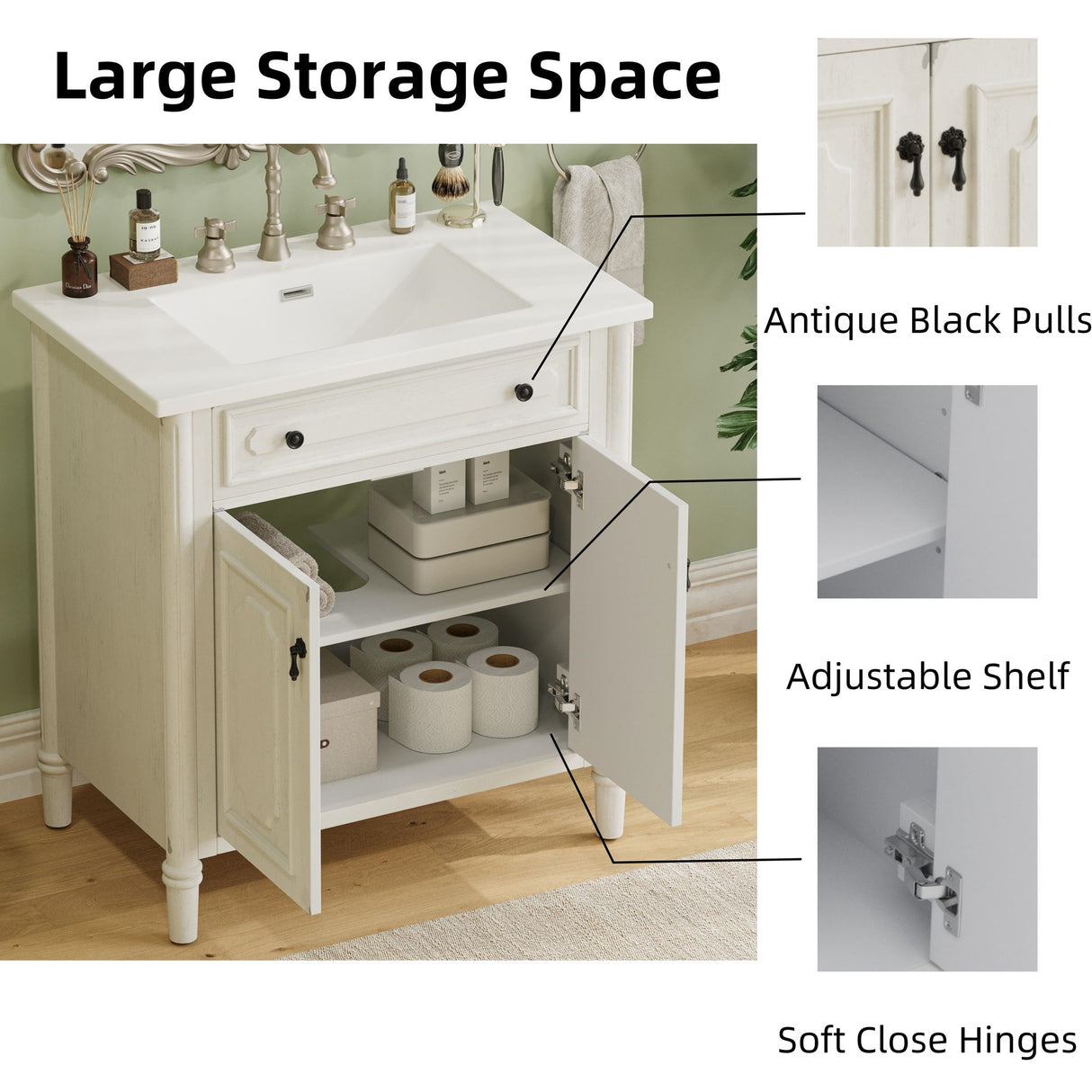 Vintage Bathroom Vanity With Sink, Rustic Cabinet With Soft Close Doors