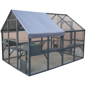 Spacious Wooden Cat Catio Outdoor Kitty House With Bridges And Roof Cover - Gray