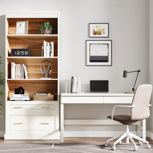 5 Tier White Bookcase With 2 Drawers Storage Organizer For Living Room - White