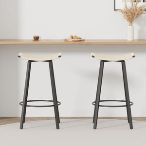 Counter Height Bar Stools Backless Handwoven Kitchen Dining Chairs With Round Footrest (Set of 2) Weaving Pub Stoo - Creamy White