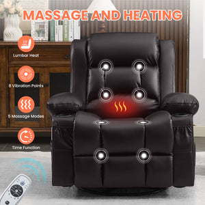 360° Swivel Rocker Recliner for Adults, Nursery Glider Recliner with Vibration Massage and Heat,Rocking Chair with Cup Holder, Manual Recliner Chair for Living Room, Bedroom (Leather,Brown)