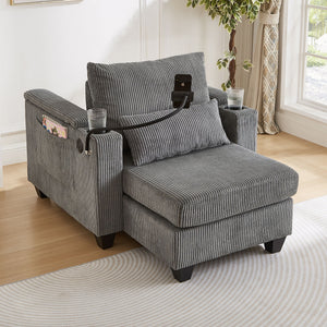Convertible Chaise Lounge Sofa Chair With USB Ports, Cup Holders, Phone Holder And Storage