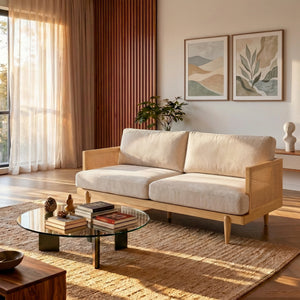 Emir 72" Square Arm 3-Seater Boucle Sofa with Cane Rattan and Wooden Frame