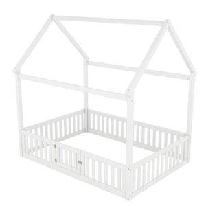 Wood House Bed With Fence And Door