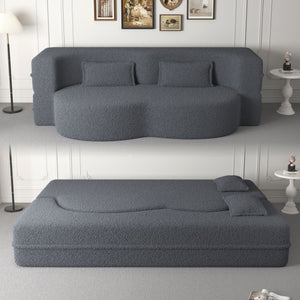 Modern Floor Sofa With 2 Pillows Convertible Teddy Fabric Foam Filled Bed
