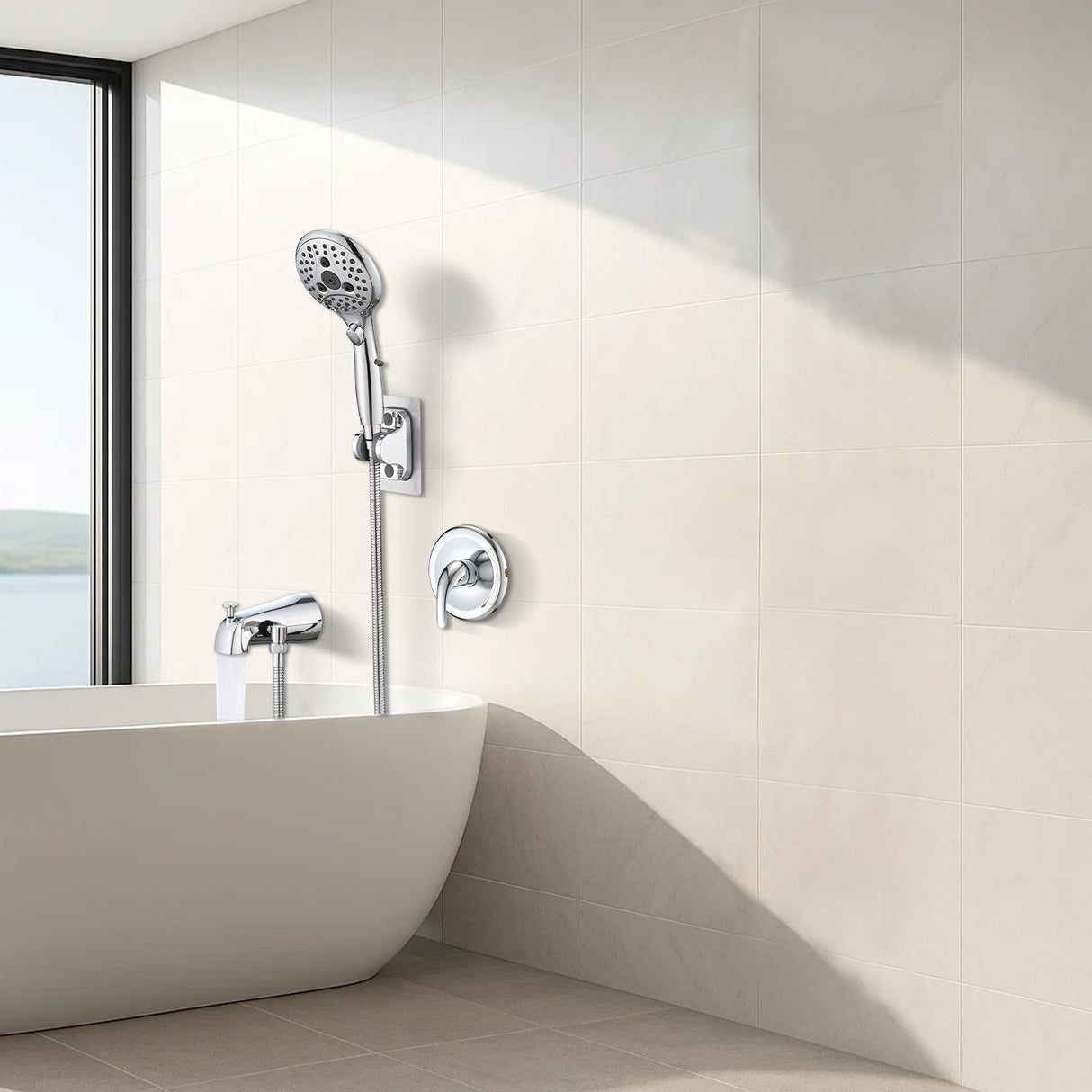 Lift-Up Diverter Bathtub Faucet with 6 Settings Handheld Shower