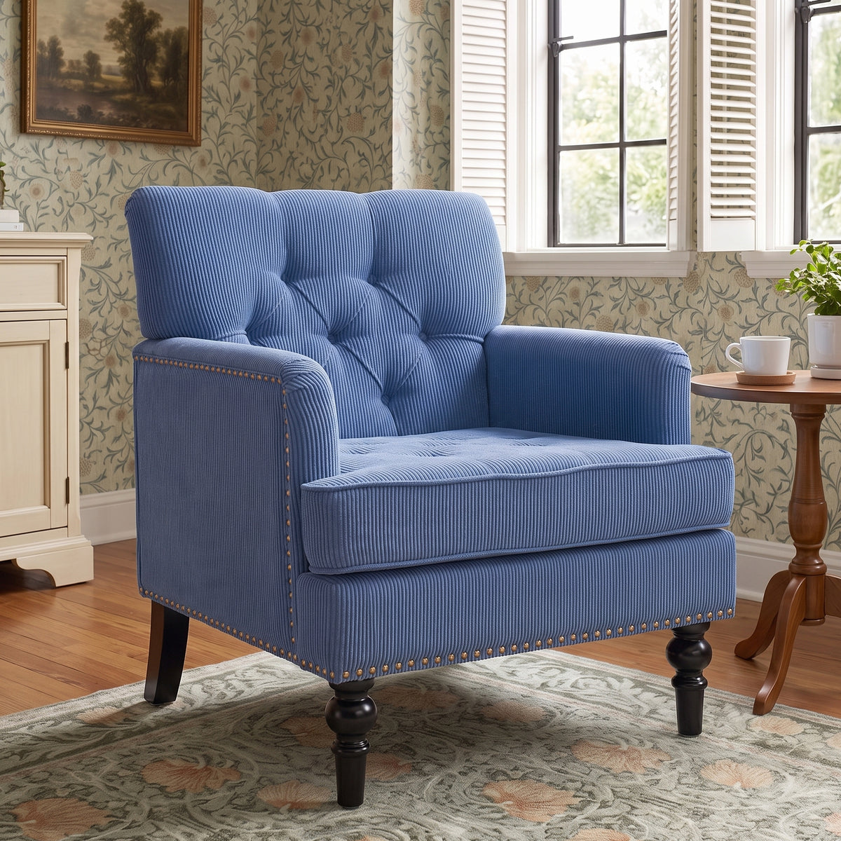 Modern Accent Chair, 26.5-Inch Wide, Blue Corduroy