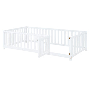 Daybed With Fence Guardrails And 2 Drawers, Split Into Independent Floor Bed & Daybed
