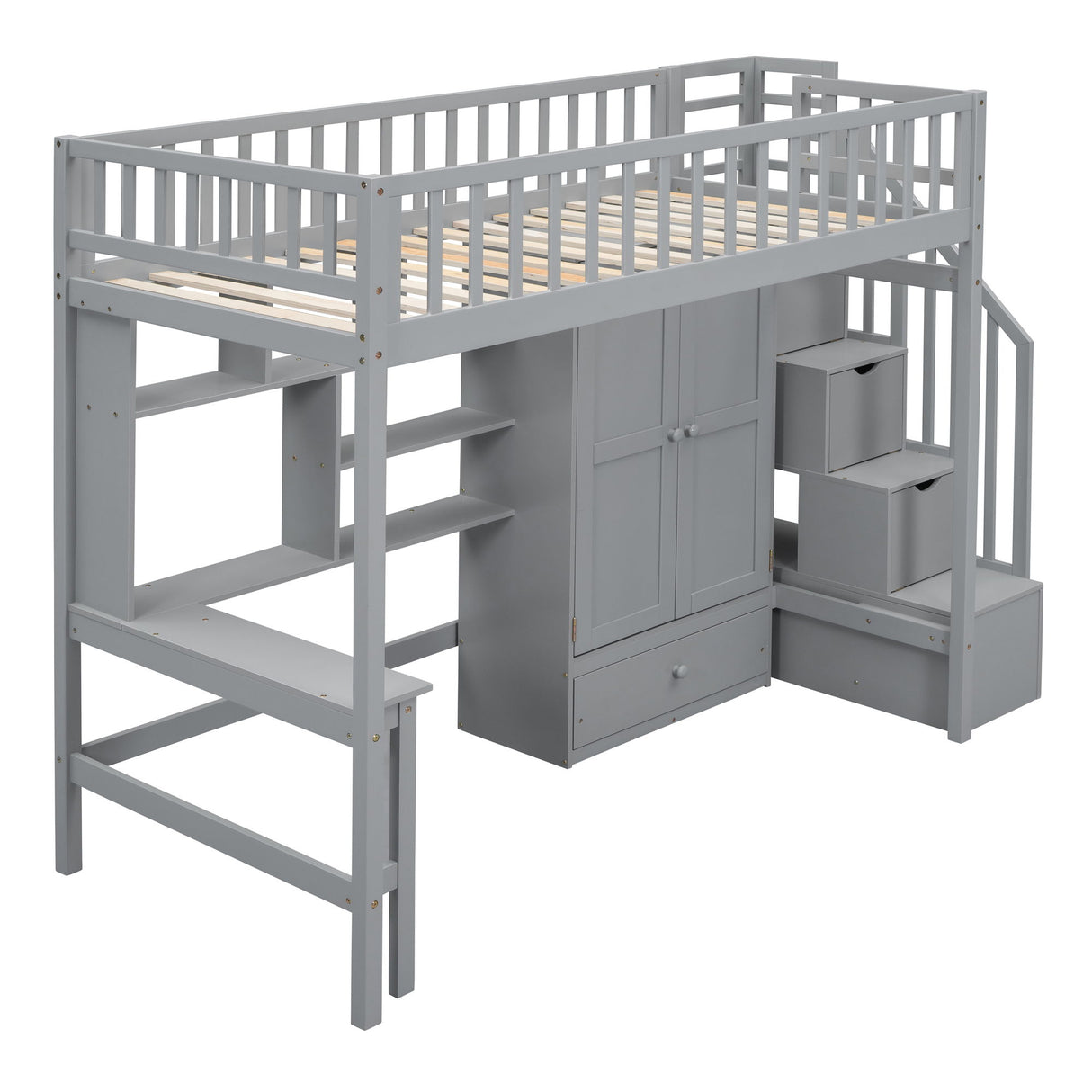 Loft Bed With Bookshelf, Drawers, Desk, And Wardrobe