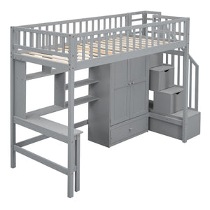 Loft Bed With Bookshelf, Drawers, Desk, And Wardrobe