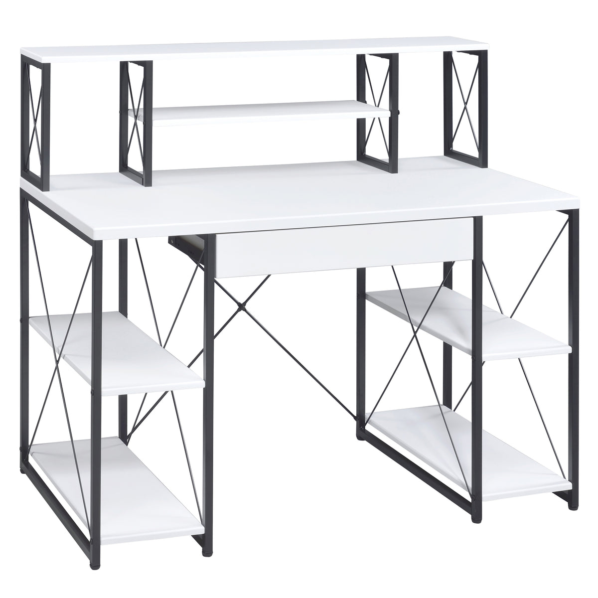 White and Black Recording Studio Desk with Drawer - Wood & Metal