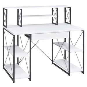 White and Black Recording Studio Desk with Drawer - Wood & Metal