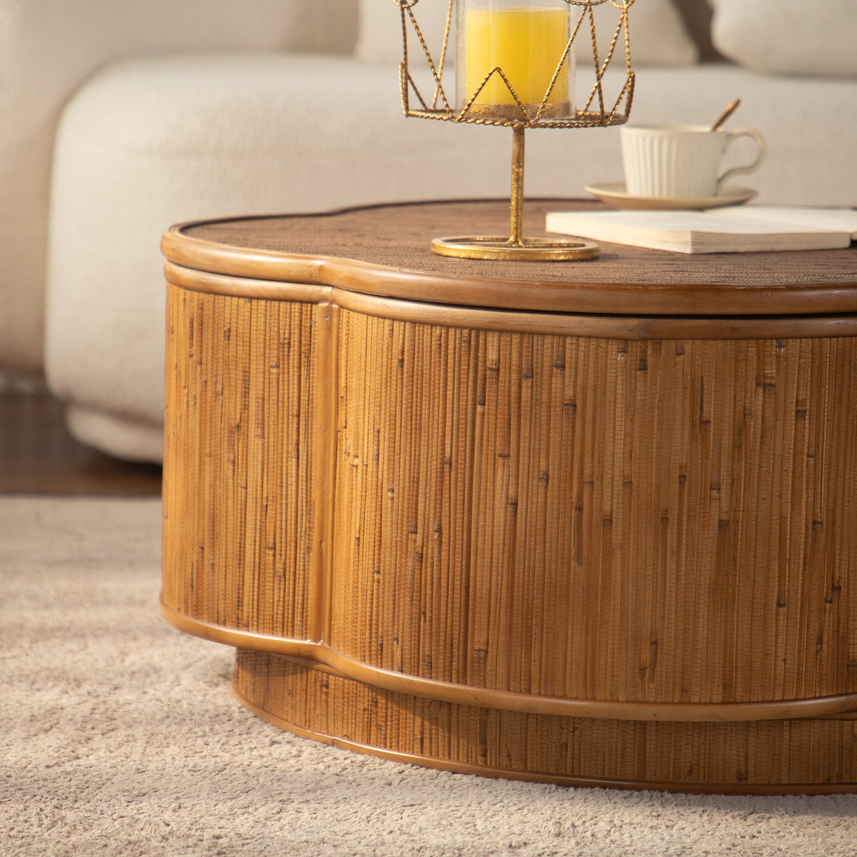 Flower-Shaped Rattan Coffee Table with Storage