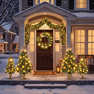 6-Piece Christmas Tree Set – 4 Trees with Sturdy Bases, 1 Pre-Lit Wreath, 1 Garland, Warm