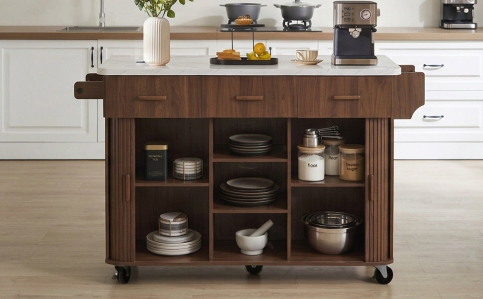 K&K 53.6" Kitchen Island with Drop Leaf, Rolling Cart, Power Outlet, Walnut Brown