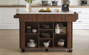 K&K 53.6" Kitchen Island with Drop Leaf, Rolling Cart, Power Outlet, Walnut Brown