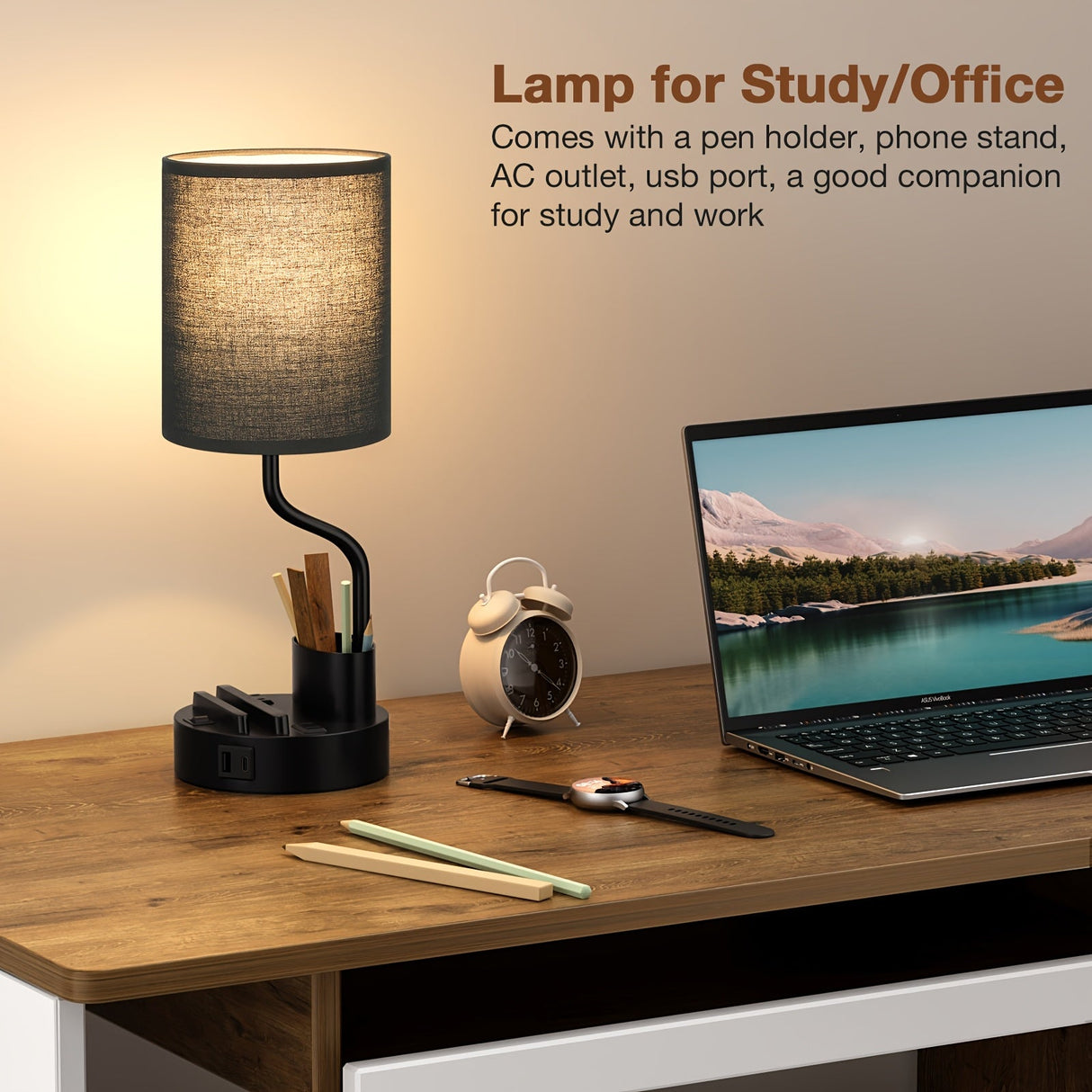Set of 2 Bedside Lamps – USB-C+USB-A & Outlet, 3-Color Modern Nightstand Lights