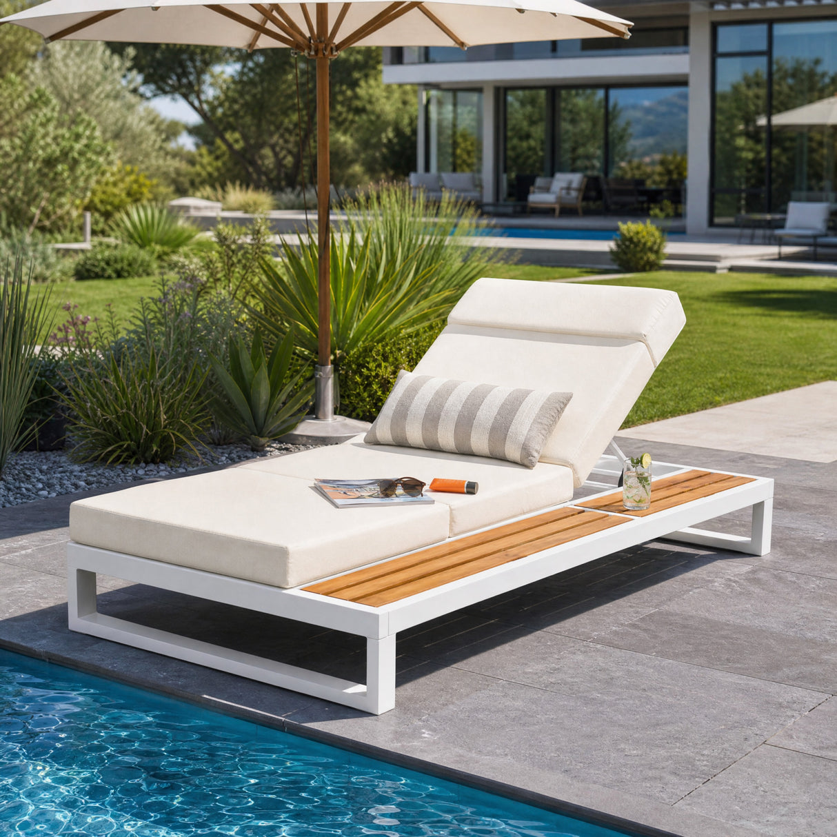 White Iron & Teak Finish Chaise Lounge Set: 1 Frame + 1 4-Fold