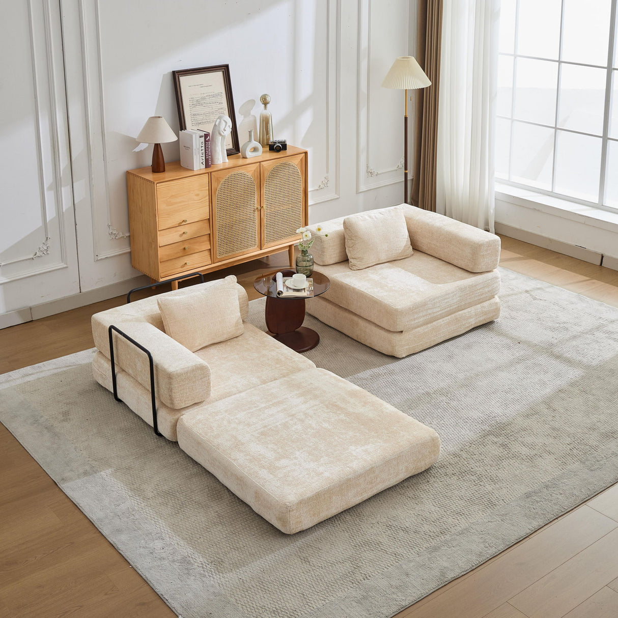 Convertible Floor Sofa Bed With Pillow Back Support Armrest