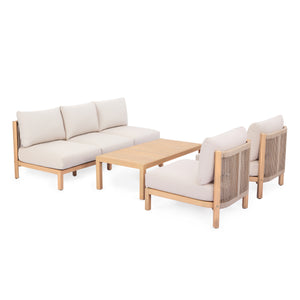4 Piece Acacia Wood Outdoor Sofa Set with Rope-Woven Chairs