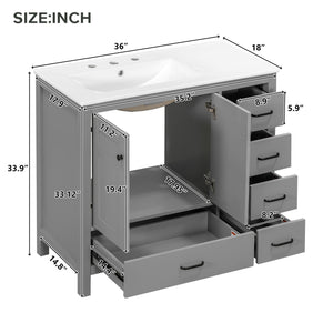 Bathroom Vanity With Ceramic Sink Combo, Abundant Storage Cabinet 2 Soft Close Doors And 5 Drawers